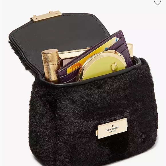 kate spade Crossbody Black Carey Faux Fur Micro Flap Crossbody NWT Gold Hardware - Picture 5 of 6
